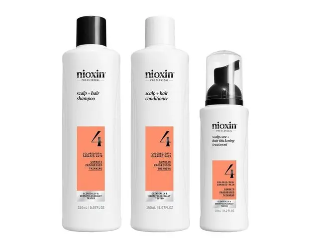 Set Produse Profesionale de Par Impotriva Ruperii pentru Par Vopsit sau Deteriorat Afectat de Subtiere Avansata - Nioxin System 4 Kit, 150 ml + 150 ml + 40 ml