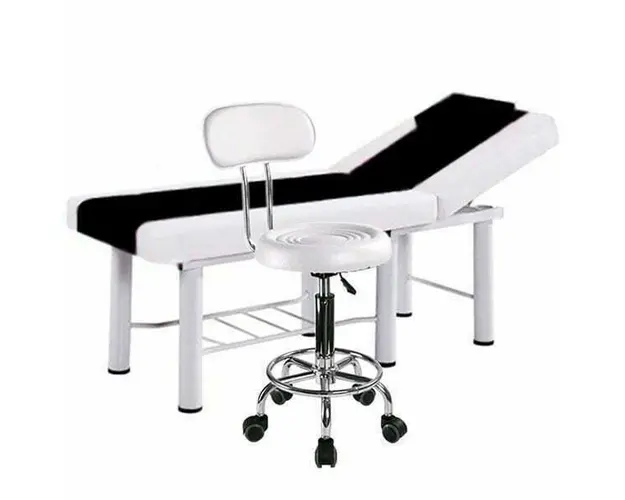 Set salon - Scaun hidraulic cu spatar, Taburet rotativ, Alb + Masa cosmetica, Pat masaj profesional, 186x70x65cm, Piele Ecologica, Alb-Negru
