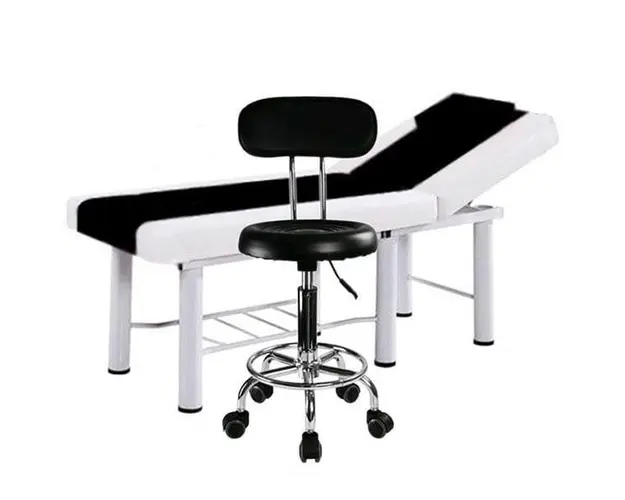 Set salon - Scaun hidraulic cu spatar, Taburet rotativ, Negru + Masa cosmetica, Pat masaj profesional, 186x70x65cm, Piele Ecologica, Alb-Negru