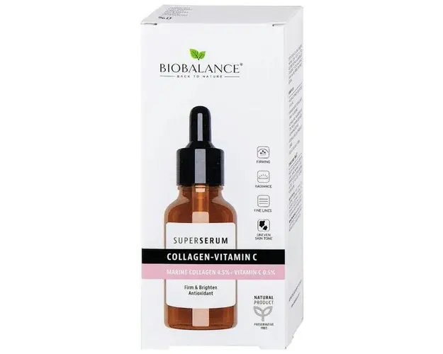 Super Serum cu Colagen 4,5% + Vitamina C 0,5%, pentru Fermitate si Luminozitate - Bio Balance, 30 ml