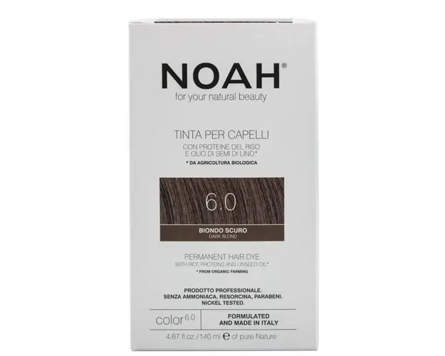 Vopsea de Par Permanenta fara Amoniac cu Proteine din Orez si Ulei de In - Noah, nuanta 6.0 Blond Inchis, 140 ml