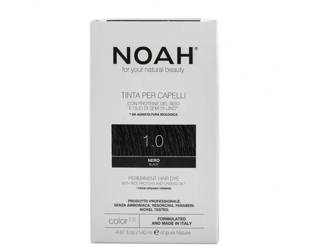 Vopsea de Par Permanenta fara Amoniac cu Proteine din Orez si Ulei de In - Noah, nuanta 1.0 Negru, 140 ml