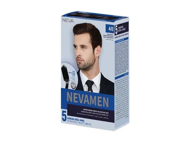Vopsea de Par pentru Barbati, Fara Amoniac - Neva Nevamen, nuanta 4/0 Saten Inchis Natural, 150 ml