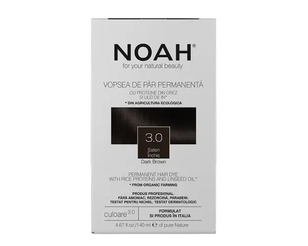 Vopsea de Par Permanenta fara Amoniac cu Proteine din Orez si Ulei de In - Noah, nuanta 3.0 Saten Inchis, 140 ml