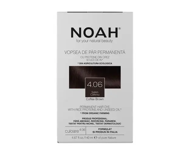Vopsea de Par Permanenta fara Amoniac cu Proteine din Orez si Ulei de In - Noah, nuanta 4.06 Saten Cafeniu, 140 ml