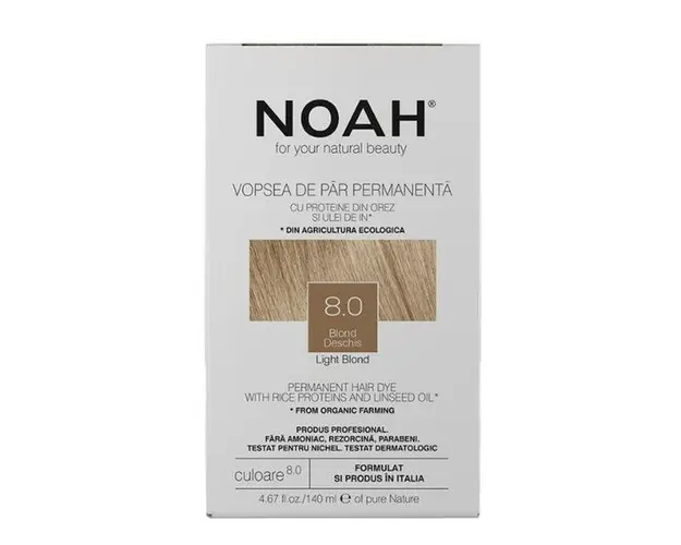 Vopsea de Par Permanenta fara Amoniac cu Proteine din Orez si Ulei de In - Noah, nuanta 8.0 Blond Deschis, 140 ml
