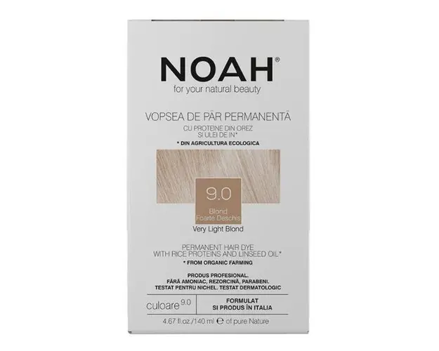 Vopsea de Par Permanenta fara Amoniac cu Proteine din Orez si Ulei de In - Noah, nuanta 9.0 Blond Foarte Deschis, 140 ml