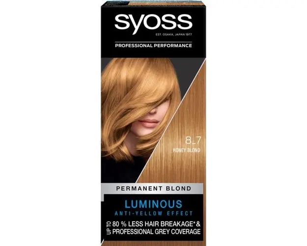 Vopsea de Par Permanenta - Syoss Professional Performance Permanent Blond Luminous Anti-Yellow Effect Baseline, nuanta 8_7 Honey Blond