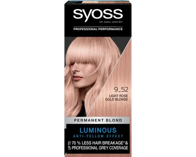 Vopsea de Par Permanenta - Syoss Professional Performance Permanent Blond Luminous Anti-Yellow Effect Baseline, nuanta 9_52 Light Rose Gold Blond