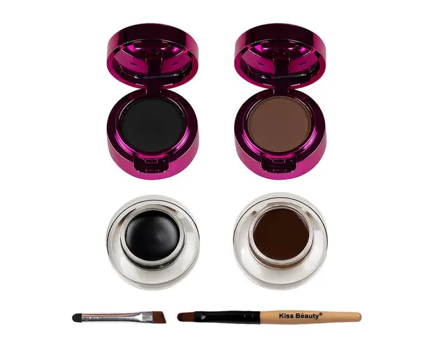 Kit Sprancene 2 in 1 Kiss Beauty Super Stay, 2 Eyelinere Crema-gel, 2 Pudre Sprancene + Pensule Aplicare