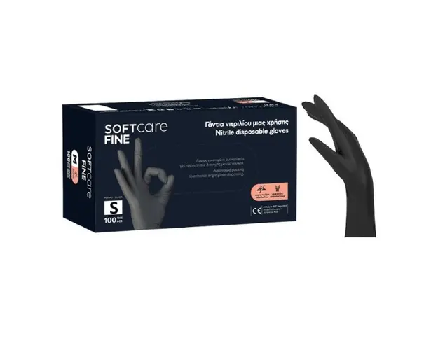 Manusi nepudrate negru Bournas Medicals Soft Care Fine Nitrile Gloves S 100 buc