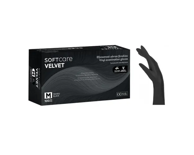 Manusi nepudrate negru Bournas Medicals Soft Care Velvet Vinyl Gloves M 100 buc