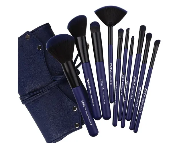 Set 10 Pensule Pentru Machiaj cu Husa Profesionale, Zoreya,Albastre