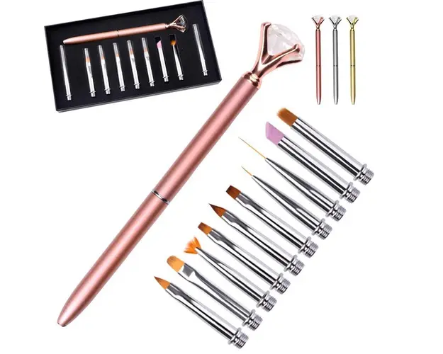 Set 10 Pensule Unghii cu rezerve, Cristale,Tip Stilou, Gold Rose