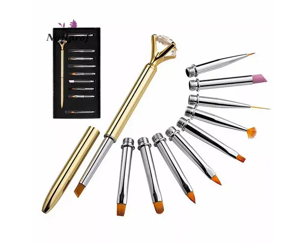 Set 10 Pensule Unghii profesionale cu Cristal, Tip Stilou, Gold