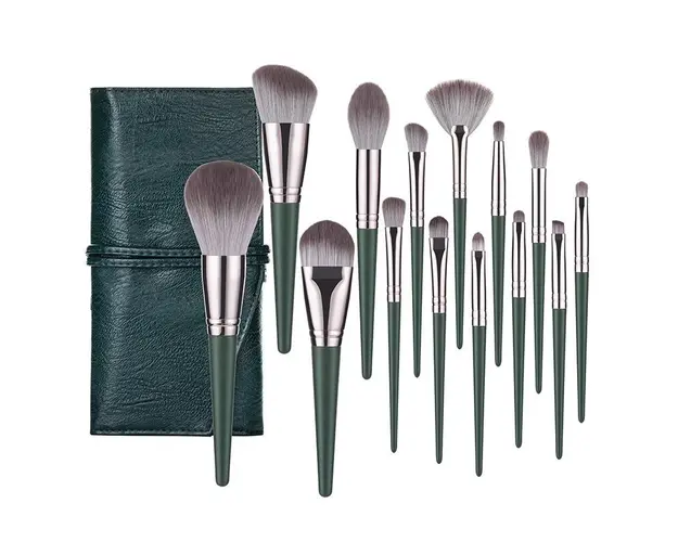 Set 14 Pensule Profesionale Pentru Machiaj cu Husa, Verde