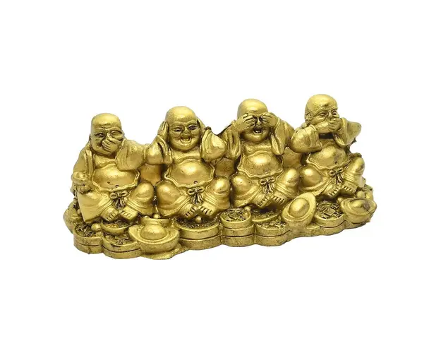 Statueta cu cei 4 Buddha razand sezand pe monede si pepite