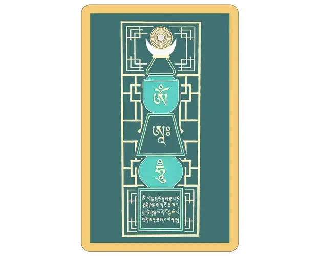 Card de protectie cu pagoda verde si matra Om Ah Hum impotriva stelei 5 galbene