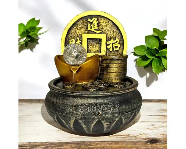 Fantana de apa Feng Shui in trepte cu lumina led, moneda chinezeasca si pepita