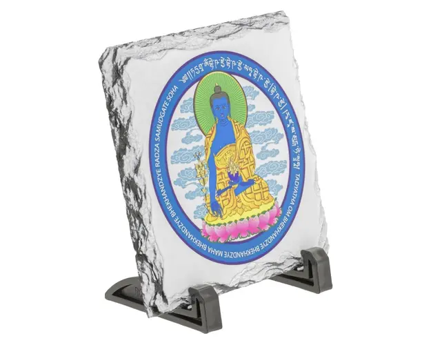 Placa (placheta) cu Buddha medicinei albastra cu floare de lotus  pe piatra