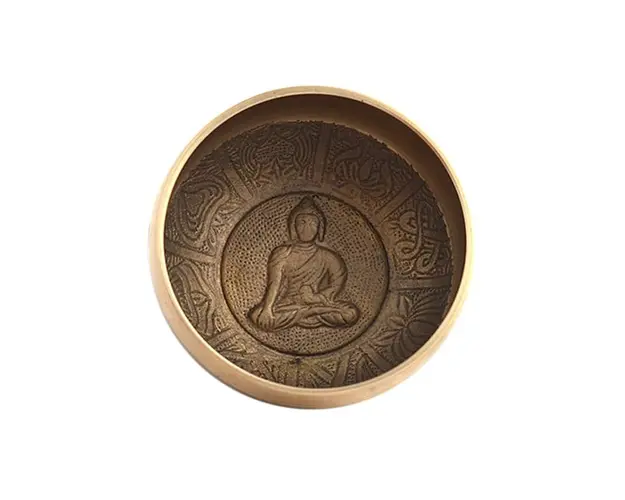 Vas tibetan  Bol cantator auriu cu Buddha Medicine si cele 8 simboluri  Mic model 1