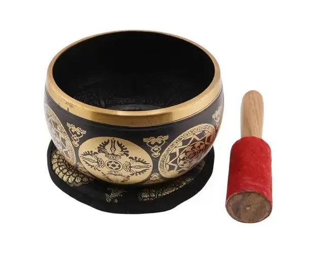 Vas tibetan  Bol cantator negru cu Buddha Medicine si cele 8 simboluri  11cm