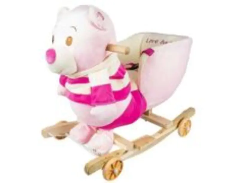 Balansoar pentru bebelusi, Ursulet, lemn + plus, cu rotile, roz, 55 cm