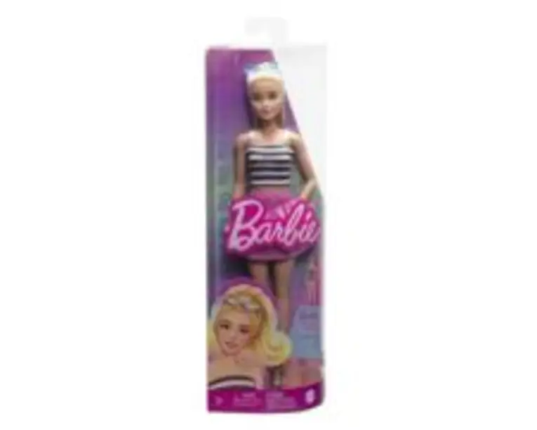 Papusa fashionista blonda cu parul prins in coada si fusta roz, Barbie