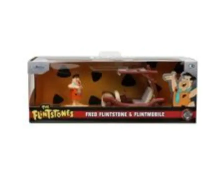 Set masinuta metalica flintmobilul, scara 1: 32, si figurina fred flintstone, jada