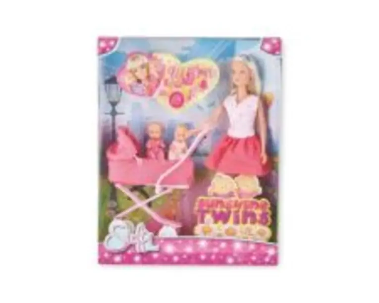 Papusa Steffi fusta roz cu carucior si gemeni