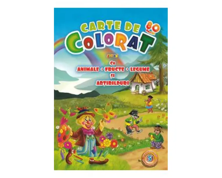 Carte de colorat jumbo 5 cu animale, fructe, legume si abtibilduri