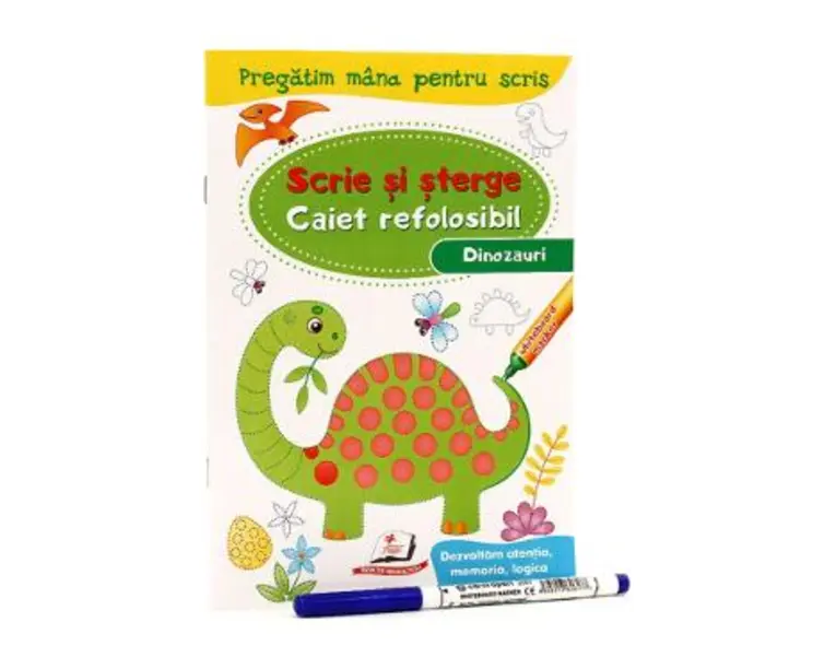 Scrie si sterge. Dinozauri. Caiet refolosibil + whiteboard marker