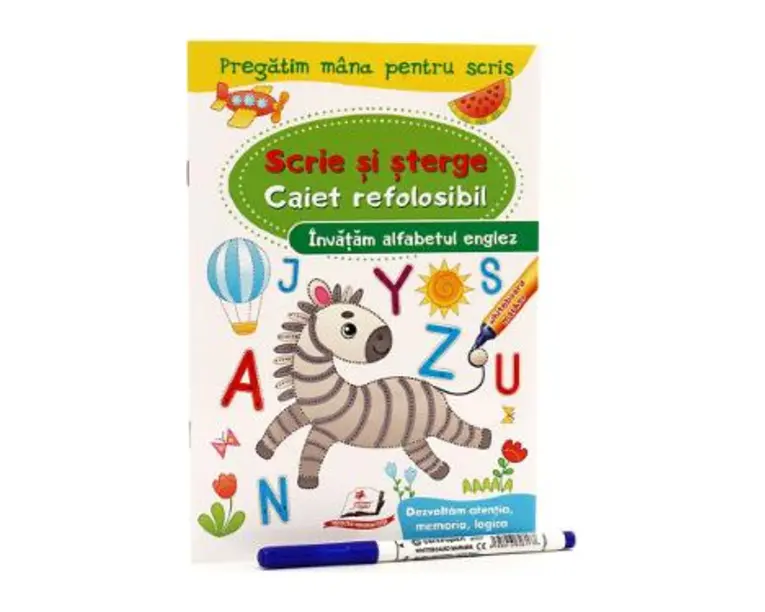 Scrie si sterge. Invatam alfabetul englez. Caiet refolosibil + whiteboard marker