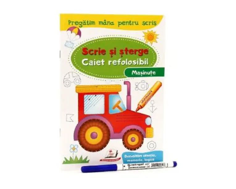 Scrie si sterge. Masinute. Caiet refolosibil + whiteboard marker