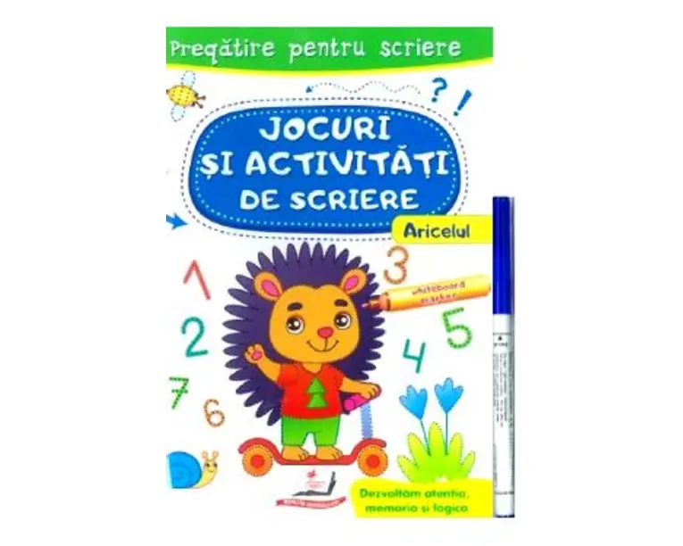 Scrie si sterge. Aricelul. Jocuri si activitati de scriere. Caiet refolosibil + whiteboard marker