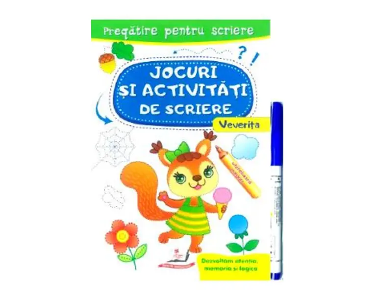 Scrie si sterge. Veverita. Jocuri si activitati de scriere. Caiet refolosibil + whiteboard marker