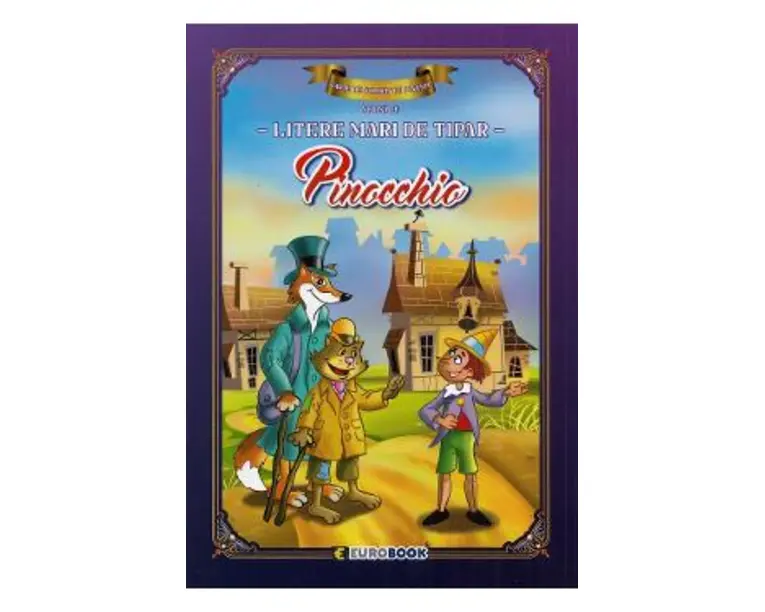 Pinocchio. Carte de colorat cu povesti scrisa cu litere mari de tipar