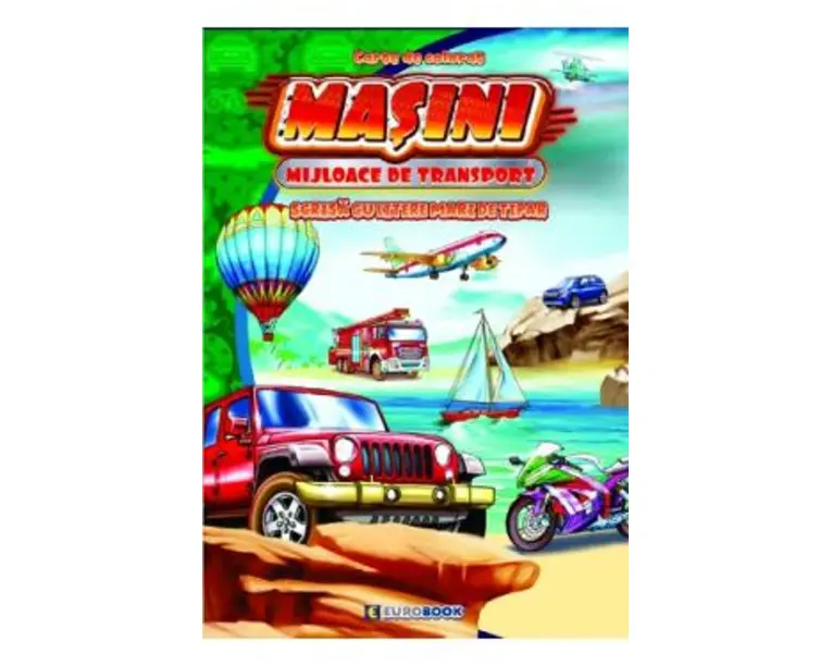 Masini. Mijloace de transport. Carte de colorat scrisa cu litere mari de tipar