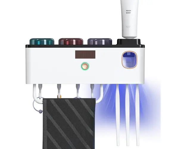 Sterilizator UV pentru periute de dinti, Dozator de pasta, 4 pahare individuale cu atasare magnetica, 4 suporturi de sterilizare, montaj pe perete, incarcare USB si panou energie solara, alb