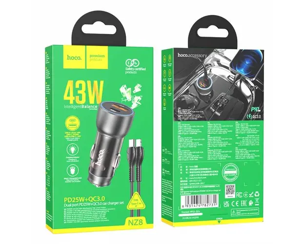 Incarcator Auto HOCO NZ8 43W, Metal Shell, Cablu Type-C to Type-C sau Lighting