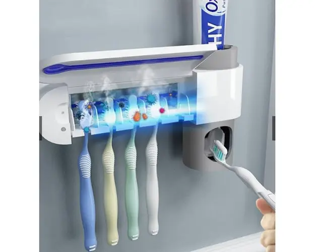 Suport pentru periute de dinti 3 in 1, sterilizator antibacterian cu lumina ultraviolete, suport 4 periute si dispenser pasta de dinti