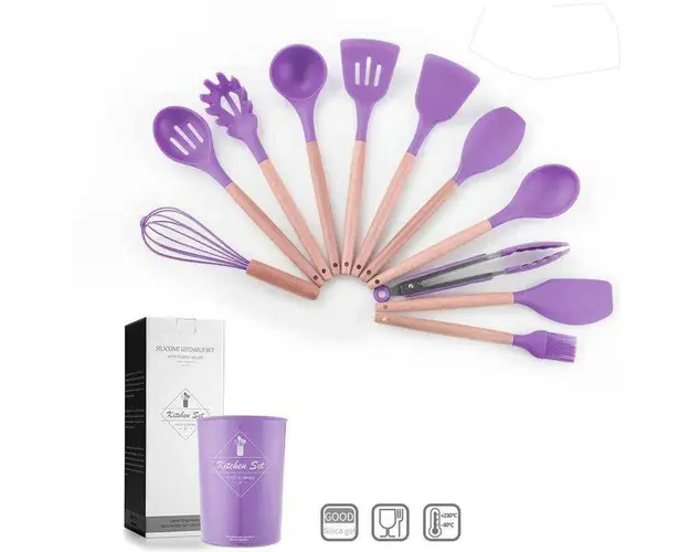 Set 12 ustensile de gatit din silicon, maner rezistent din bambus