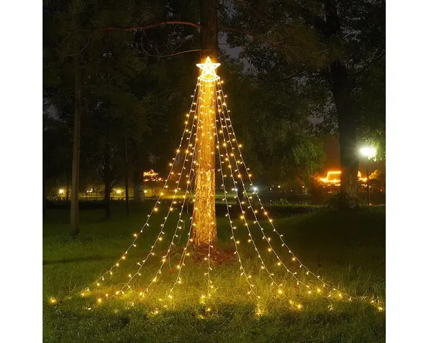 Instalatie solara perdea cu varf stea, 350 led, 9 franjuri, telecomanda