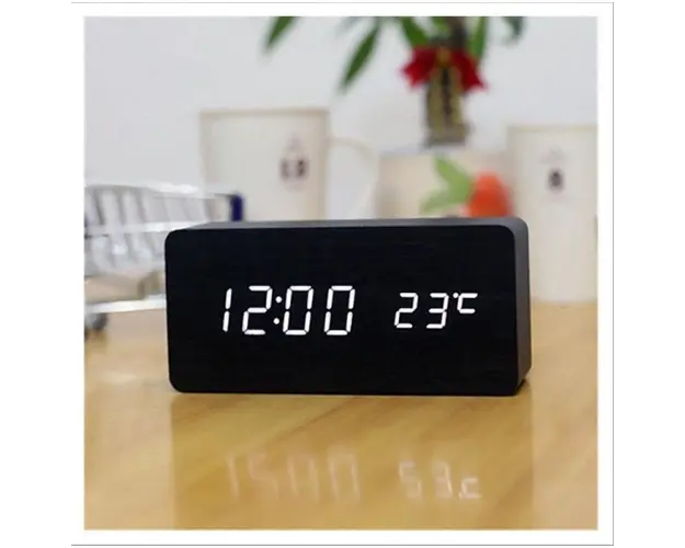 Ceas digital din lemn 862-VST cu afisaj LED temperatura si alarma, Negru