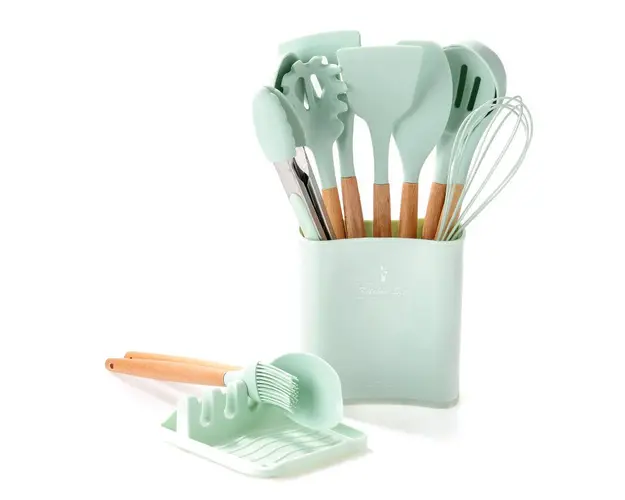 Set 13 ustensile de gatit din silicon, maner bambus, suport linguri