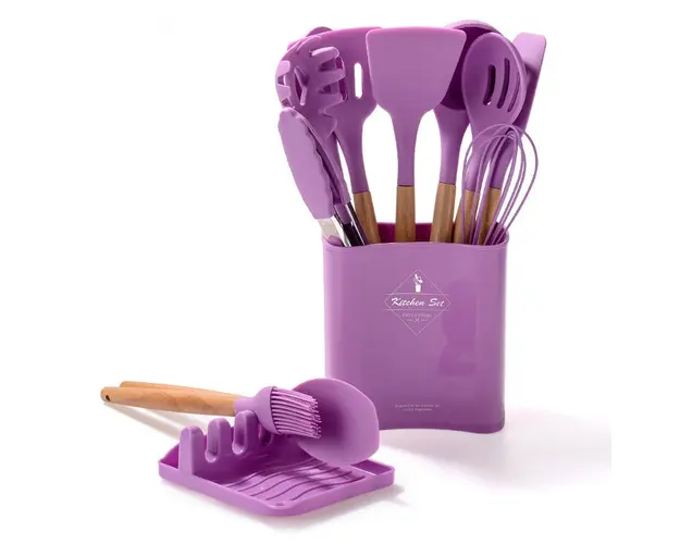 Set 13 ustensile de gatit din silicon, maner bambus, suport linguri