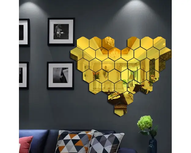 Set 12 oglinzi acrilice autoadezive decorative forma hexagon, diametru 7, 13, 20 si 23 cm