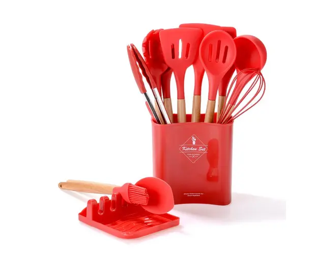 Set 13 ustensile de gatit din silicon, maner bambus, suport linguri