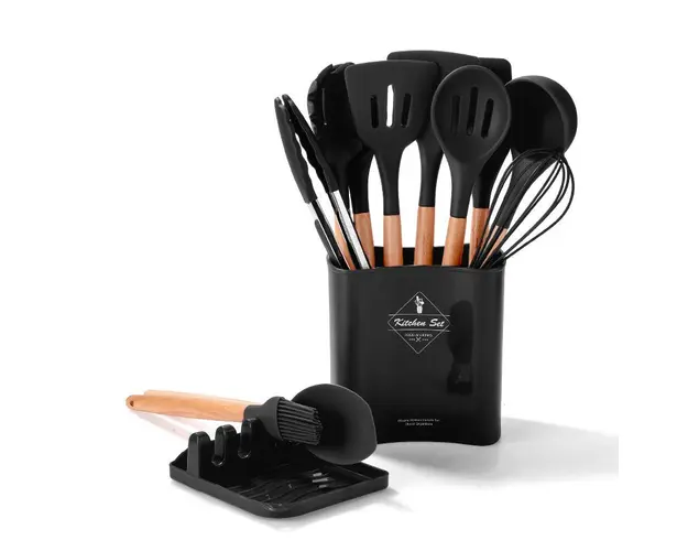 Set 13 ustensile de gatit din silicon, maner bambus, suport linguri