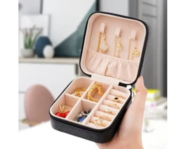 Cutie organizator negru cu fermoar pentru bijuterii 10x10x5cm